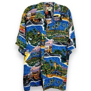Reyn Spooner Men Button Shirt XL Hawaiian‎ Car Tropical Retro Graphic Print Rare